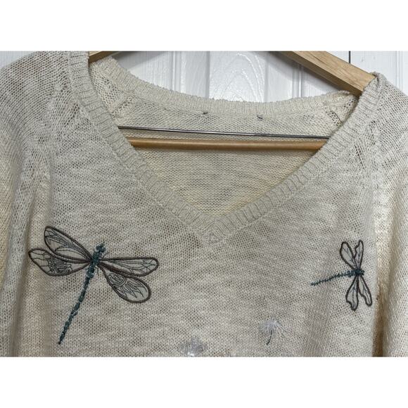 Coldwater Creek Ivory White Wings Wishes Sweater Dragonfly Dandelions XL - Picture 5 of 9